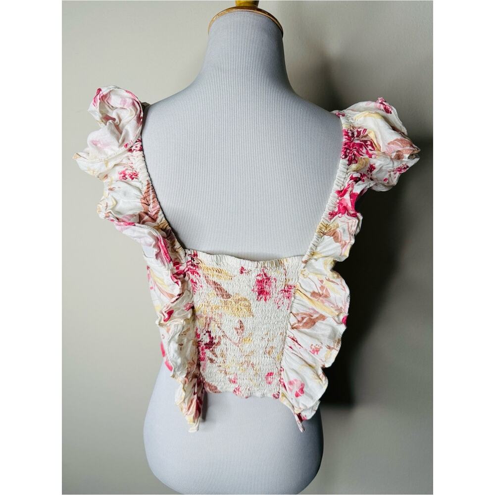 H&M Red Floral Bohemian Cottagecore Linen Blend Ruffle Crop Top - Picture 6 of 6